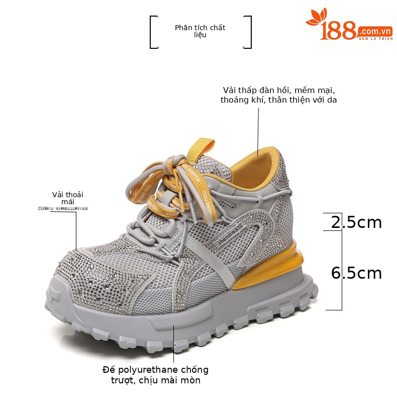 Giày sneaker nữ chunky đế dày lưới phối đá rhinestone — màu trắng chi tiết 3