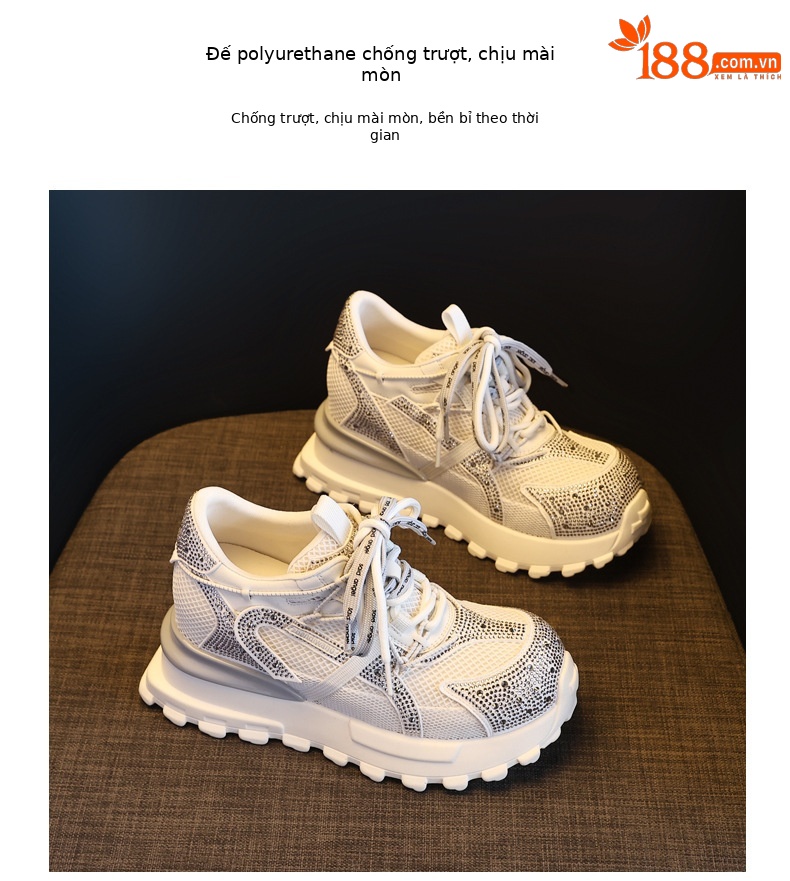 Giày sneaker nữ chunky đế dày lưới phối đá rhinestone — màu trắng chi tiết 10