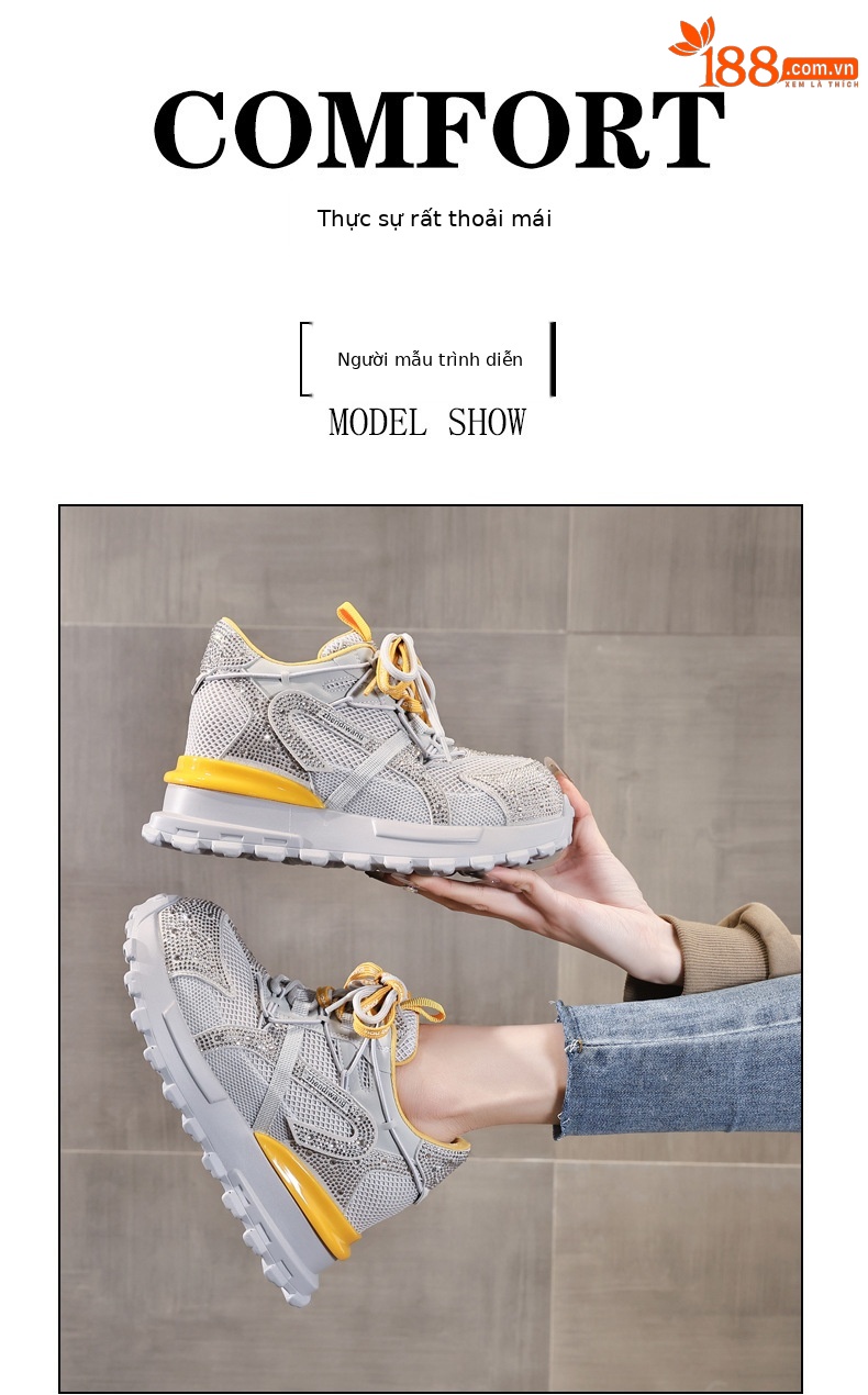 Giày sneaker nữ chunky đế dày lưới phối đá rhinestone — màu trắng chi tiết 11