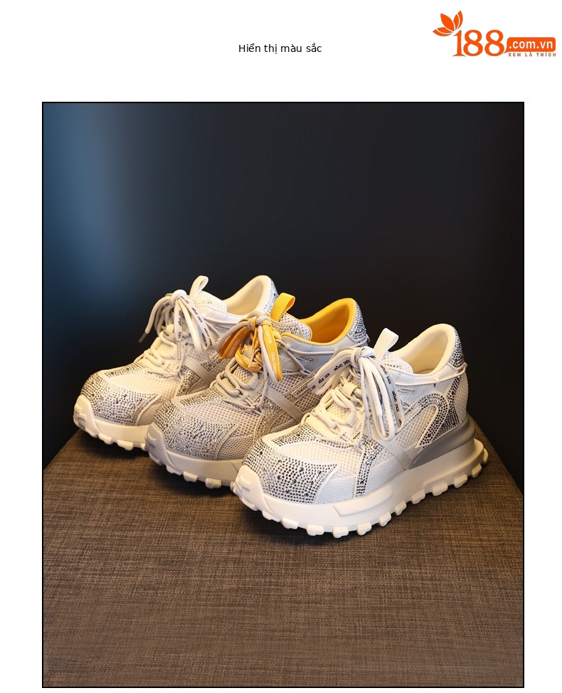 Giày sneaker nữ chunky đế dày lưới phối đá rhinestone — màu trắng chi tiết 18