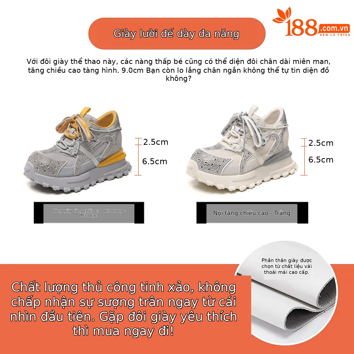 Giày sneaker nữ chunky đế dày lưới phối đá rhinestone — màu trắng