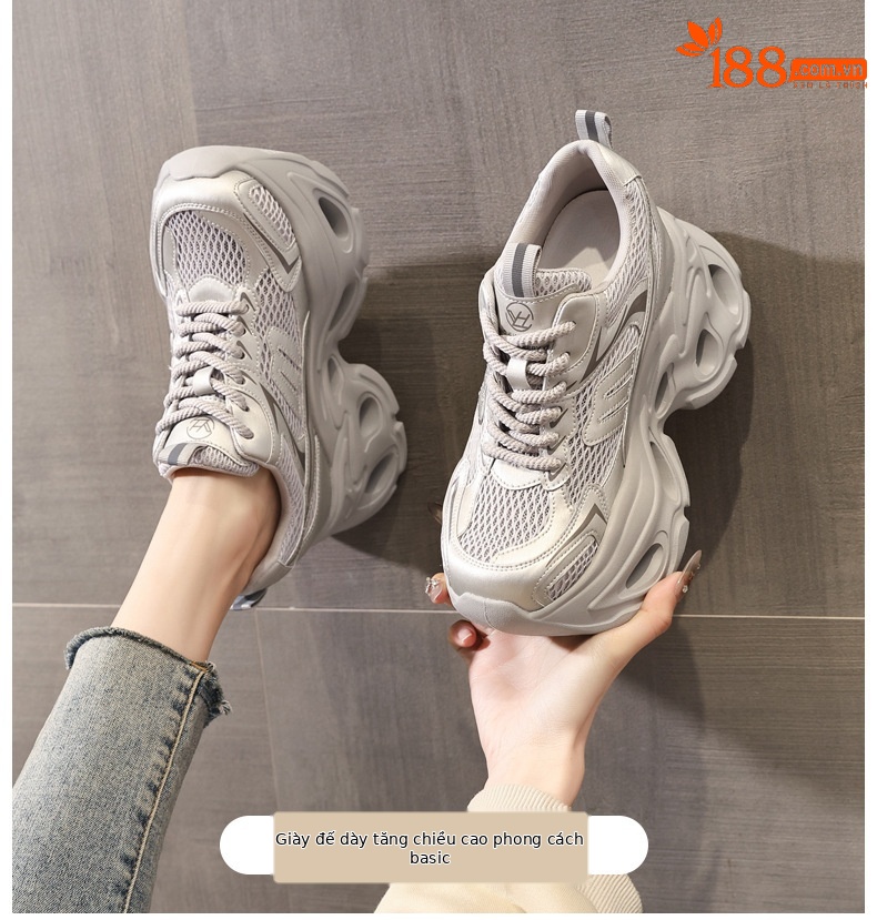 Giày sneaker cao gót nữ đế xuồng platform tăng chiều cao 10.5 cm — màu trắng, màu xám chi tiết 1