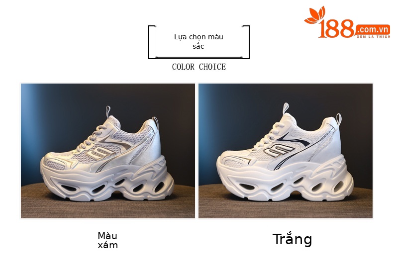 Giày sneaker cao gót nữ đế xuồng platform tăng chiều cao 10.5 cm — màu trắng, màu xám chi tiết 2