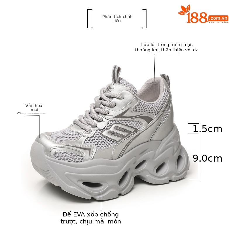 Giày sneaker cao gót nữ đế xuồng platform tăng chiều cao 10.5 cm — màu trắng, màu xám chi tiết 3