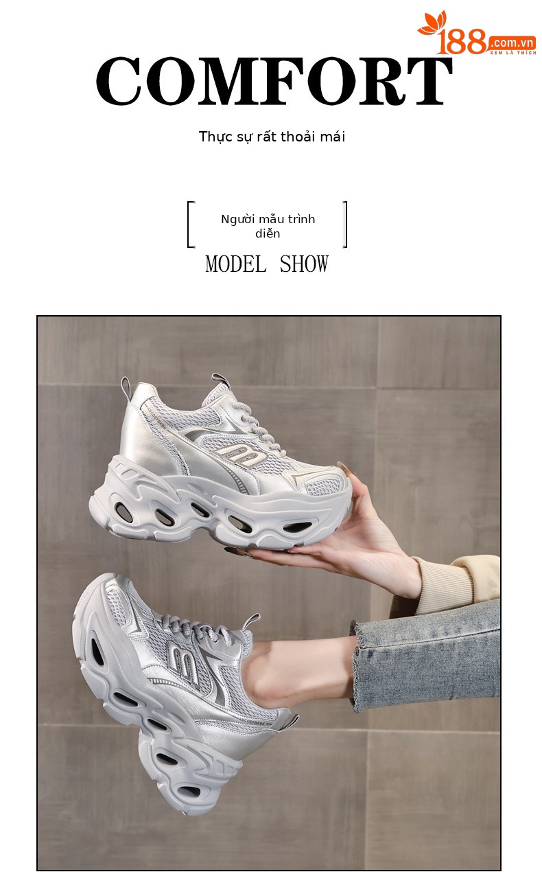 Giày sneaker cao gót nữ đế xuồng platform tăng chiều cao 10.5 cm — màu trắng, màu xám chi tiết 10