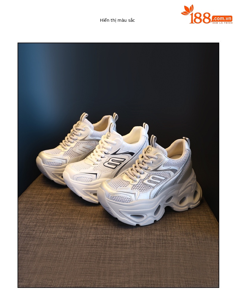 Giày sneaker cao gót nữ đế xuồng platform tăng chiều cao 10.5 cm — màu trắng, màu xám chi tiết 17