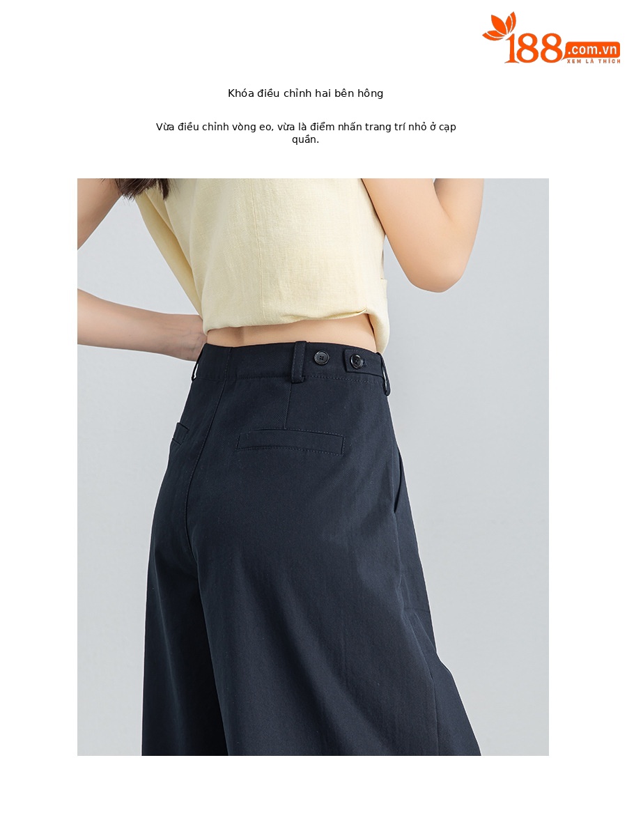 Quần culottes nữ ống rộng cạp điều chỉnh xếp ly mùa hè — màu xanh navy