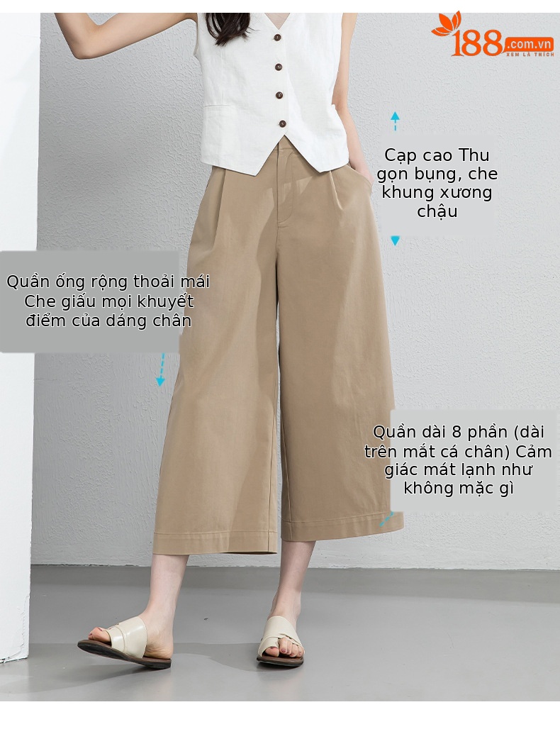 Quần culottes nữ ống rộng cạp điều chỉnh xếp ly mùa hè — màu xanh navy chi tiết 5