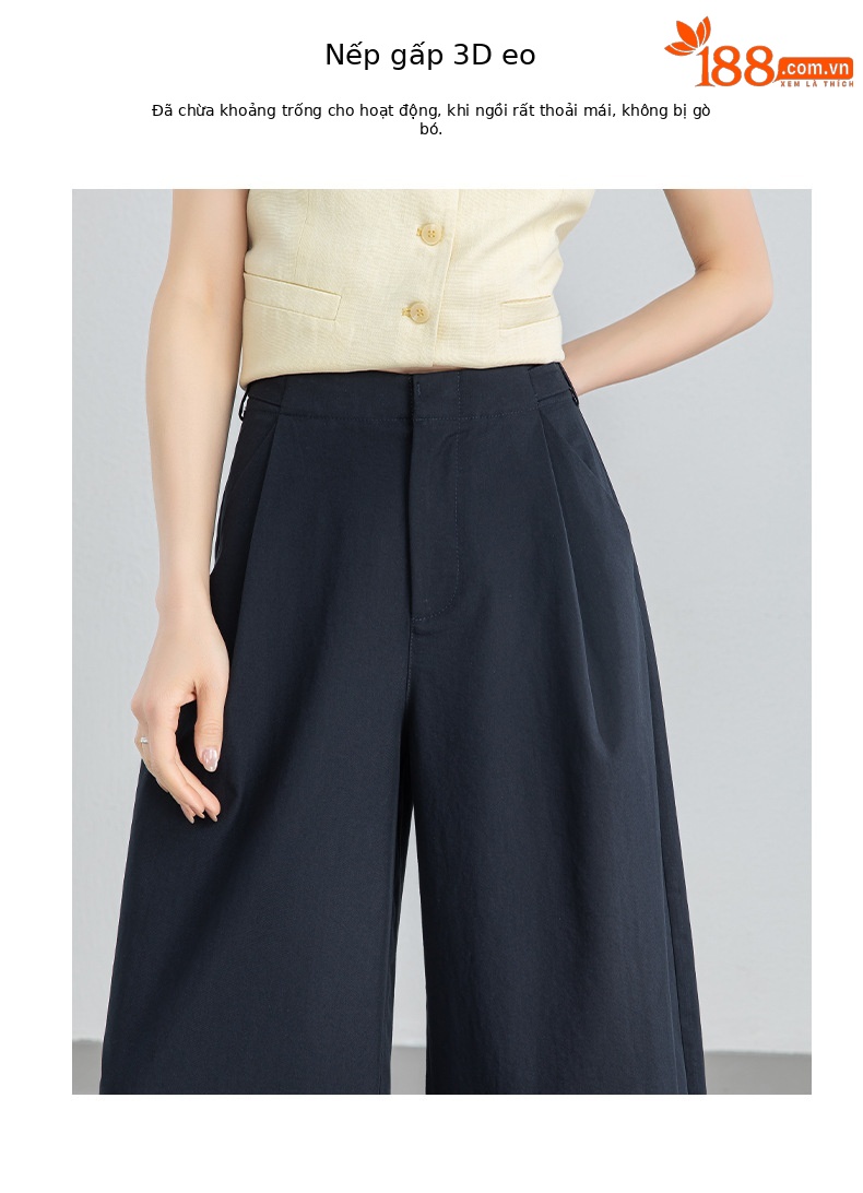 Quần culottes nữ ống rộng cạp điều chỉnh xếp ly mùa hè — màu xanh navy chi tiết 6