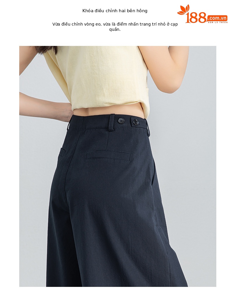 Quần culottes nữ ống rộng cạp điều chỉnh xếp ly mùa hè — màu xanh navy chi tiết 7