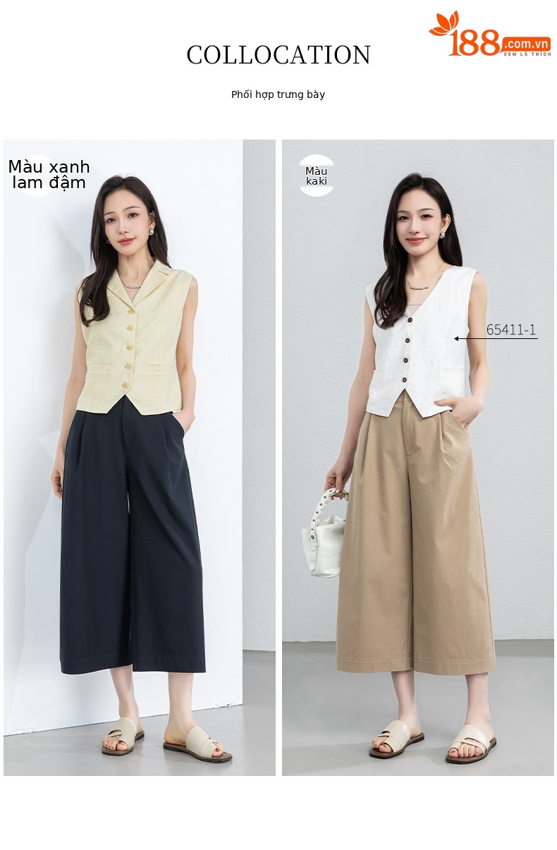 Quần culottes nữ ống rộng cạp điều chỉnh xếp ly mùa hè — màu xanh navy chi tiết 8