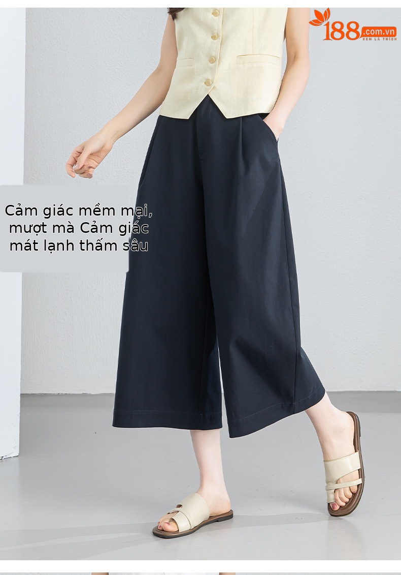 Quần culottes nữ ống rộng cạp điều chỉnh xếp ly mùa hè — màu xanh navy chi tiết 11