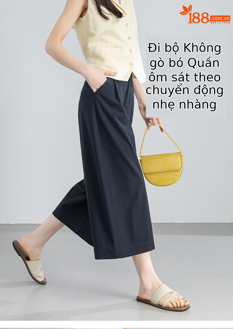 Quần culottes nữ ống rộng cạp điều chỉnh xếp ly mùa hè — màu xanh navy chi tiết 13