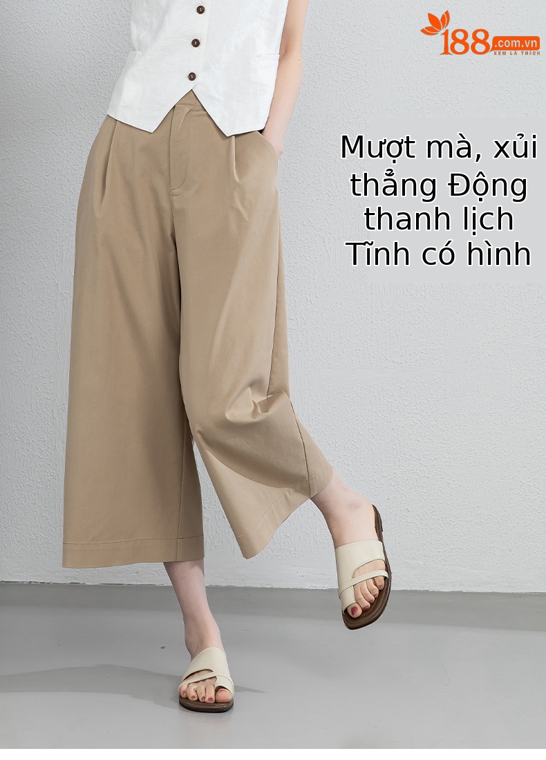 Quần culottes nữ ống rộng cạp điều chỉnh xếp ly mùa hè — màu xanh navy chi tiết 14