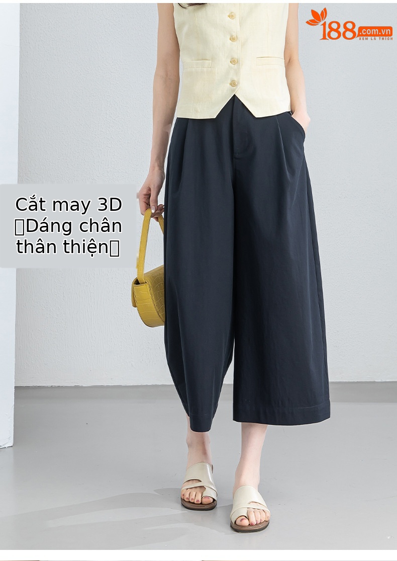 Quần culottes nữ ống rộng cạp điều chỉnh xếp ly mùa hè — màu xanh navy chi tiết 15