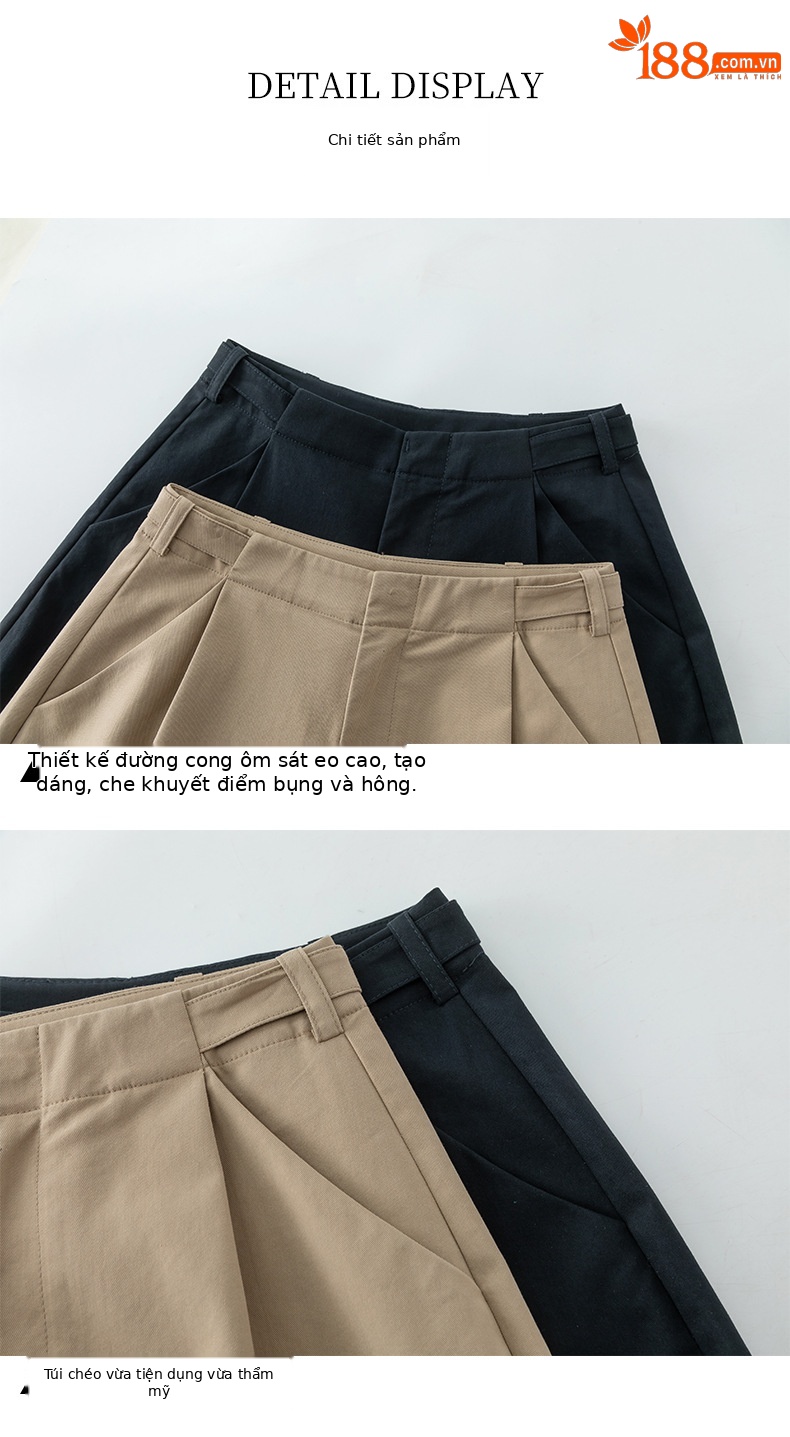 Quần culottes nữ ống rộng cạp điều chỉnh xếp ly mùa hè — màu xanh navy chi tiết 17