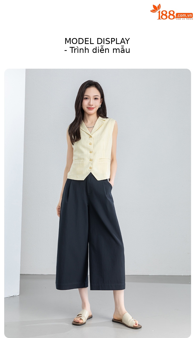 Quần culottes nữ ống rộng cạp điều chỉnh xếp ly mùa hè — màu xanh navy chi tiết 21