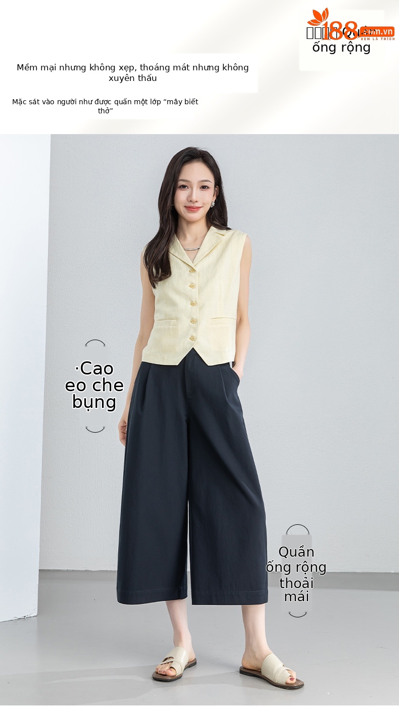 Quần culottes nữ ống rộng cạp điều chỉnh xếp ly mùa hè — màu xanh navy chi tiết 1