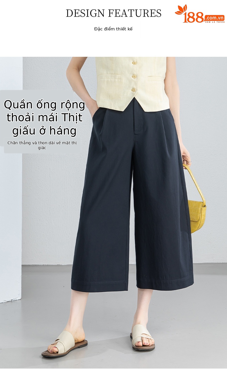 Quần culottes nữ ống rộng cạp điều chỉnh xếp ly mùa hè — màu xanh navy chi tiết 9