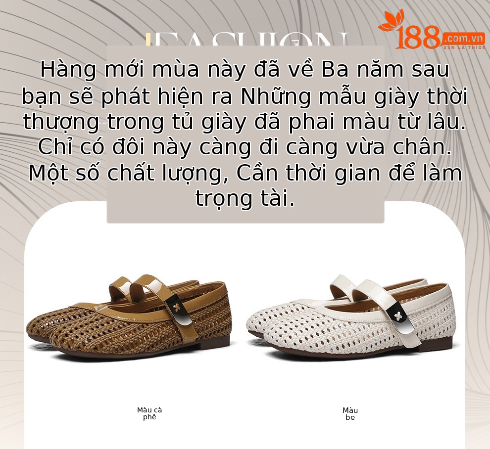 Dép sandal nữ da thật dệt rỗng mũi tròn đế bệt quai chữ V — 6057 Màu cà phê, 6057 Màu be chi tiết 1