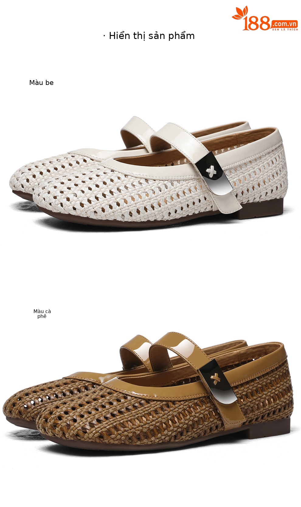 Dép sandal nữ da thật dệt rỗng mũi tròn đế bệt quai chữ V — 6057 Màu cà phê, 6057 Màu be chi tiết 22