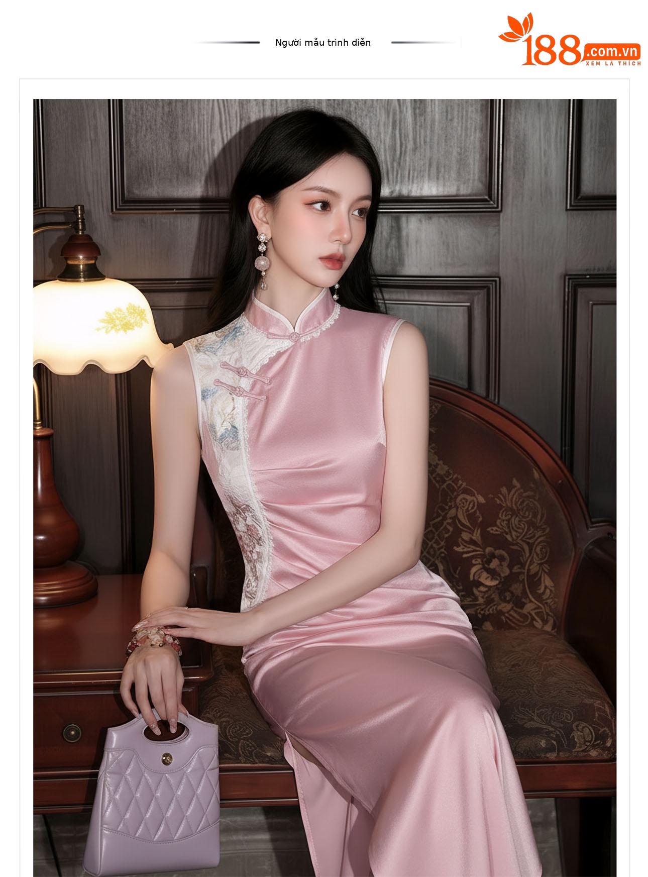Đầm maxi nữ thắt eo cổ đứng thêu hoa phong cách Trung Hoa mùa hè — màu hồng chi tiết 1