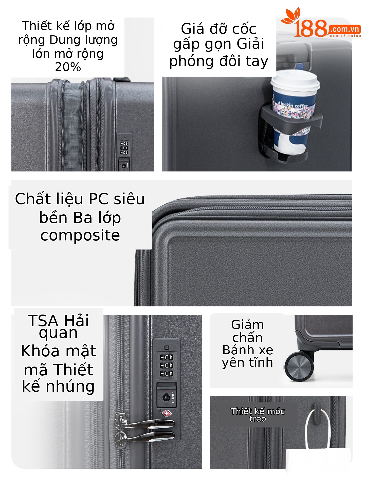 Vali kéo đa năng 20 inch mở rộng, bánh xe vạn hướng êm, ngăn laptop phía trước — màu đen, màu xám