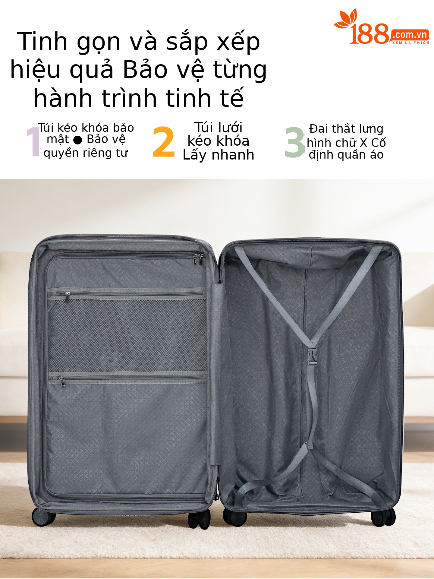 Vali kéo đa năng 20 inch mở rộng, bánh xe vạn hướng êm, ngăn laptop phía trước — màu đen, màu xám