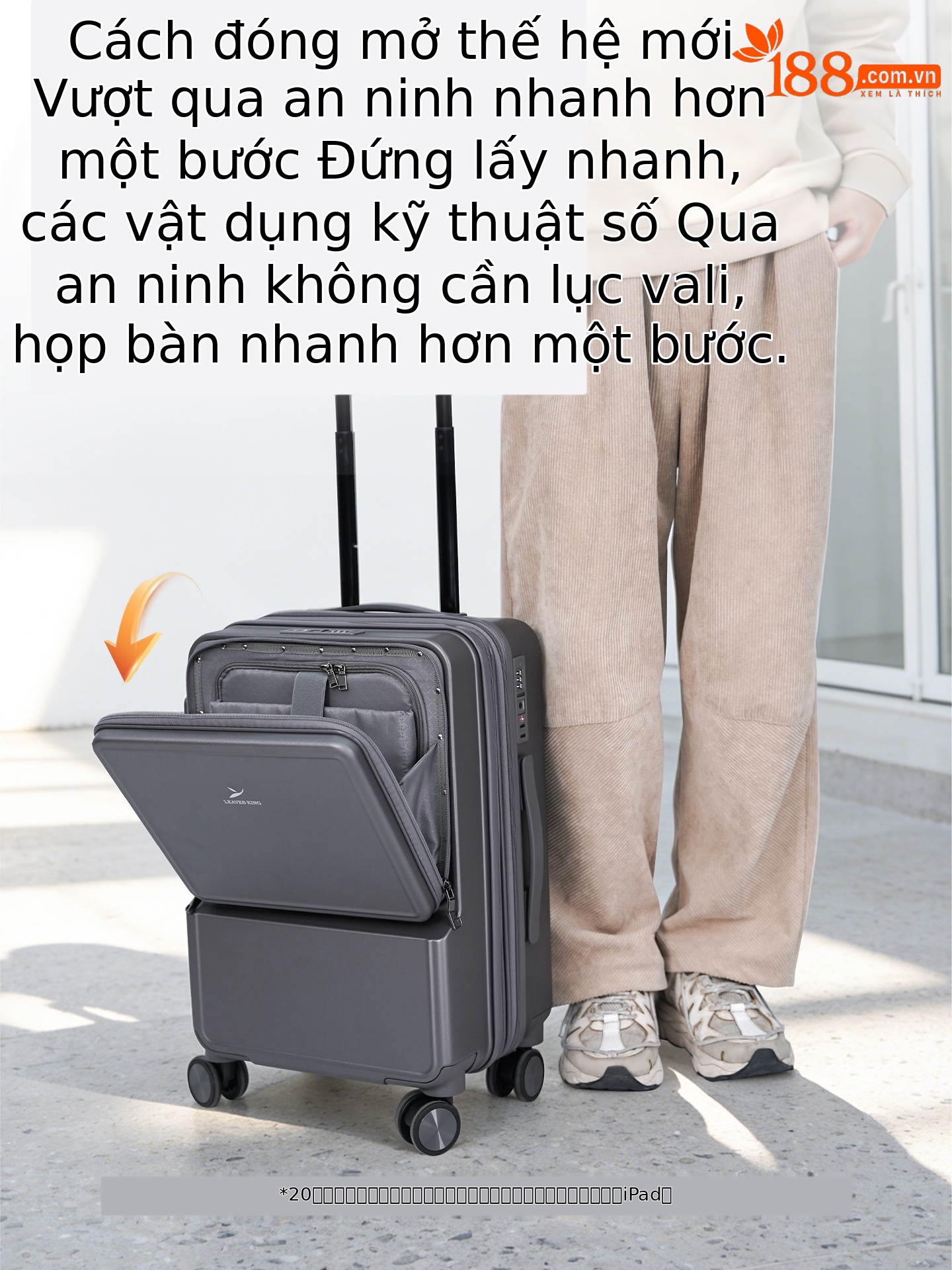 Vali kéo đa năng 20 inch mở rộng, bánh xe vạn hướng êm, ngăn laptop phía trước — màu đen, màu xám