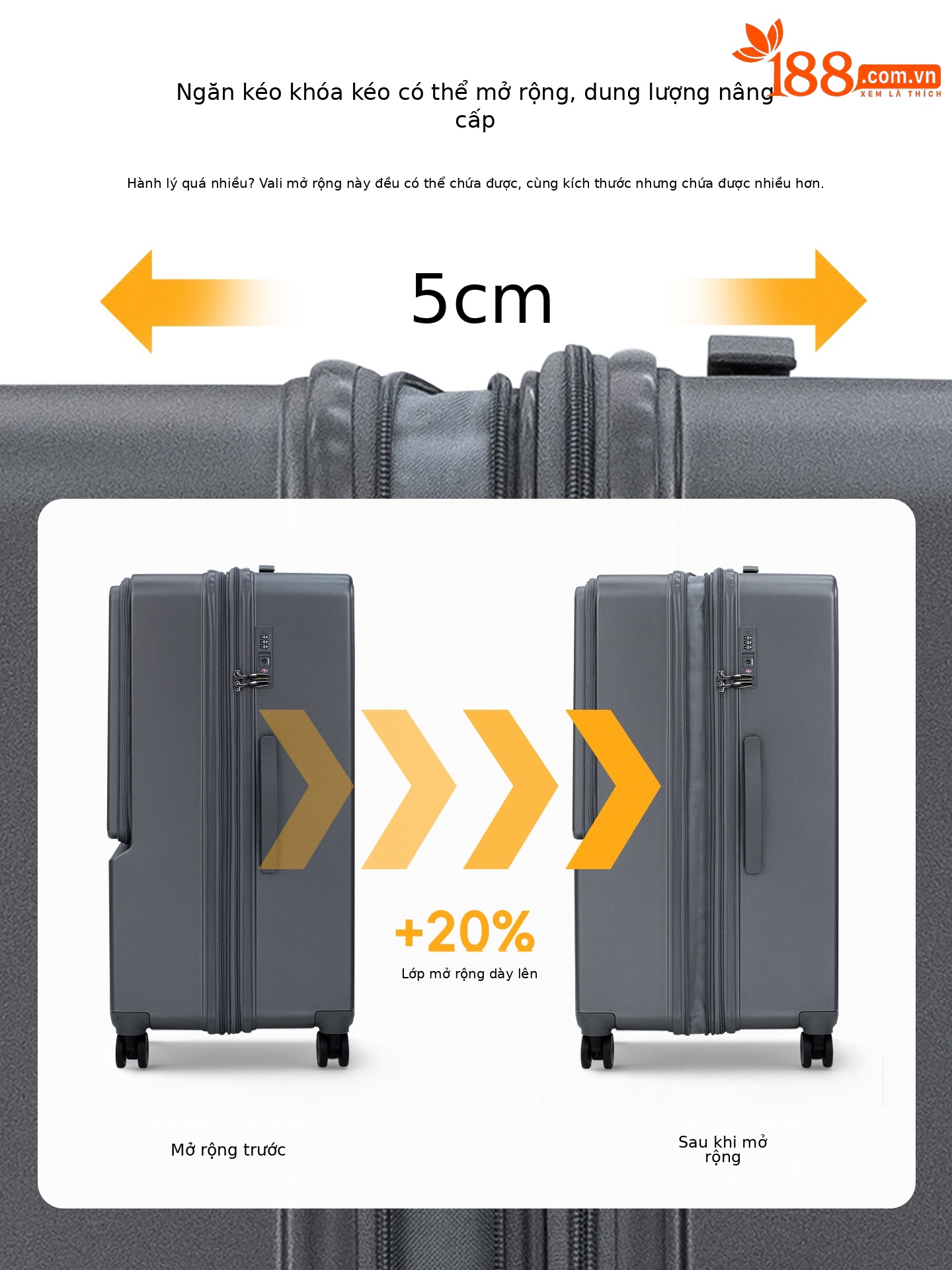 Vali kéo đa năng 20 inch mở rộng, bánh xe vạn hướng êm, ngăn laptop phía trước — màu đen, màu xám