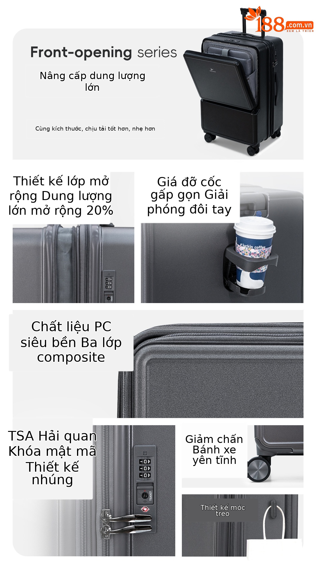 Vali kéo đa năng 20 inch mở rộng, bánh xe vạn hướng êm, ngăn laptop phía trước — màu đen, màu xám chi tiết 2