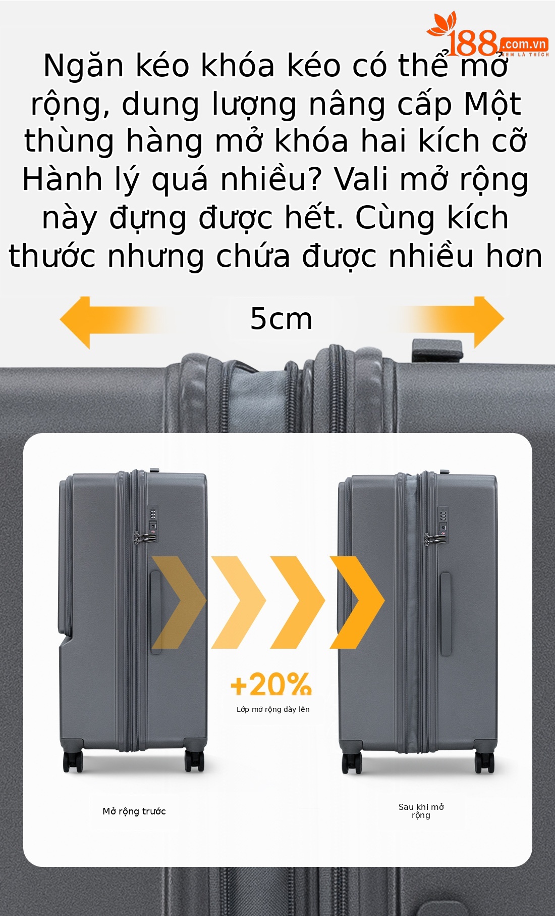 Vali kéo đa năng 20 inch mở rộng, bánh xe vạn hướng êm, ngăn laptop phía trước — màu đen, màu xám chi tiết 7