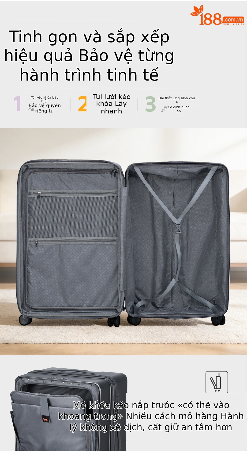 Vali kéo đa năng 20 inch mở rộng, bánh xe vạn hướng êm, ngăn laptop phía trước — màu đen, màu xám chi tiết 10