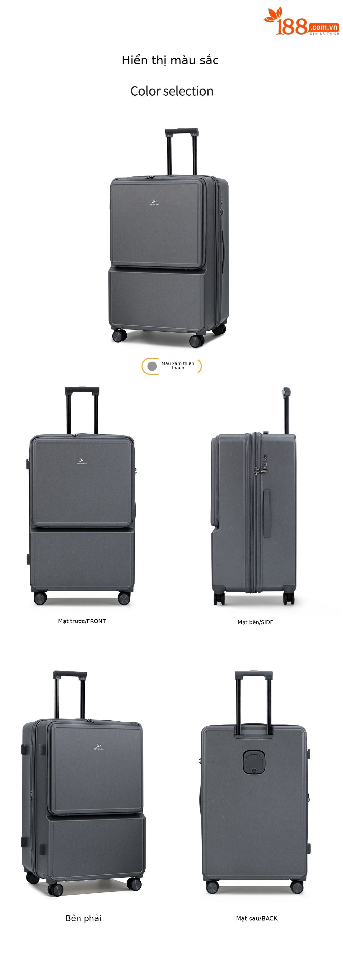 Vali kéo đa năng 20 inch mở rộng, bánh xe vạn hướng êm, ngăn laptop phía trước — màu đen, màu xám chi tiết 12