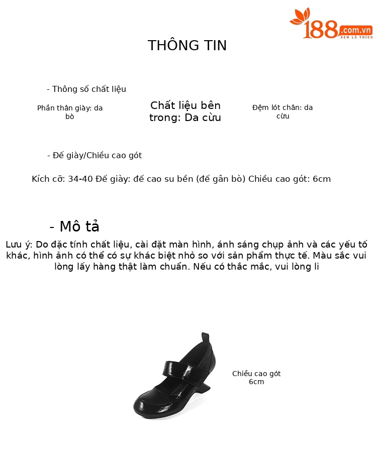 Giày Mary Jane nữ da thật gót nêm 6 cm mũi tròn quai ngang khóa dán — màu đen, bạc chi tiết 4