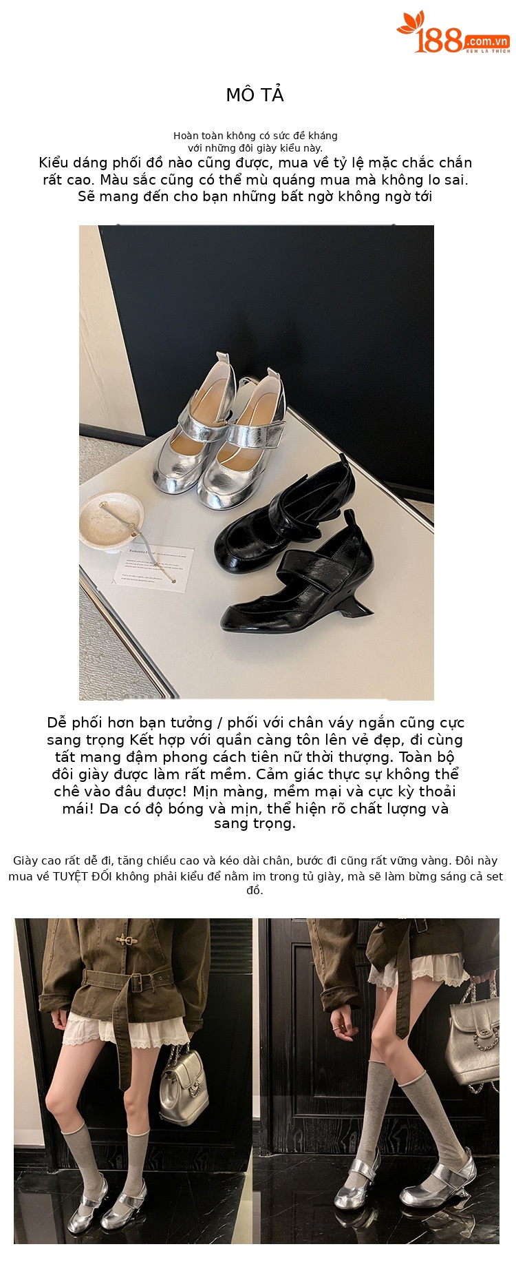 Giày Mary Jane nữ da thật gót nêm 6 cm mũi tròn quai ngang khóa dán — màu đen, bạc chi tiết 3