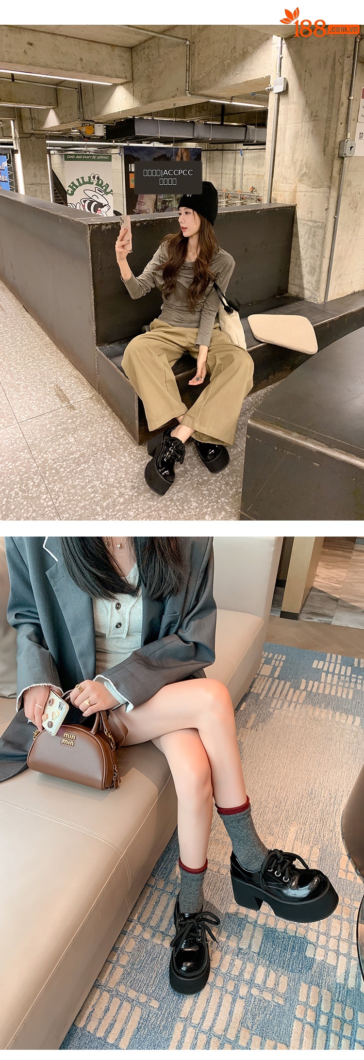 Giày loafer nữ gót vuông 10 cm đế platform dây buộc mũi sâu — màu đen chi tiết 17