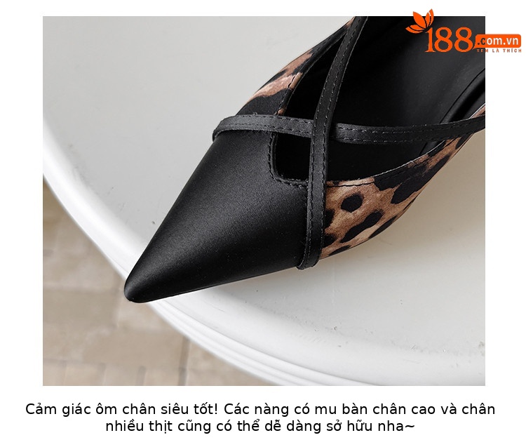 Giày cao gót nữ mũi nhọn da thật họa tiết da báo gót nhọn 9 cm — màu đen, Màu da báo chi tiết 3