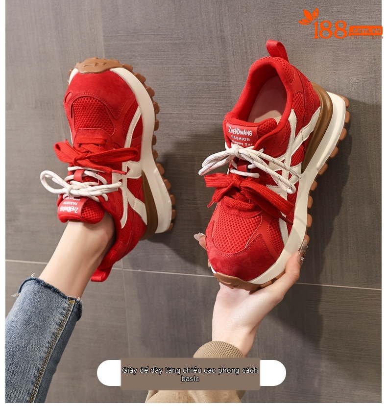 Giày sneaker nữ đế dày tăng chiều cao 9cm mặt lưới phong cách Forrest Gump — màu be chi tiết 1