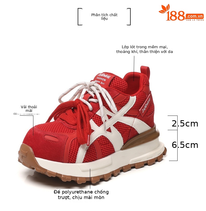 Giày sneaker nữ đế dày tăng chiều cao 9cm mặt lưới phong cách Forrest Gump — màu be chi tiết 2