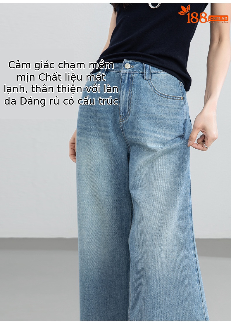 Quần jean nữ ống rộng cạp cao chất liệu tencel mềm mại, dáng suông thoải mái mùa hè — xanh lam chi tiết 8