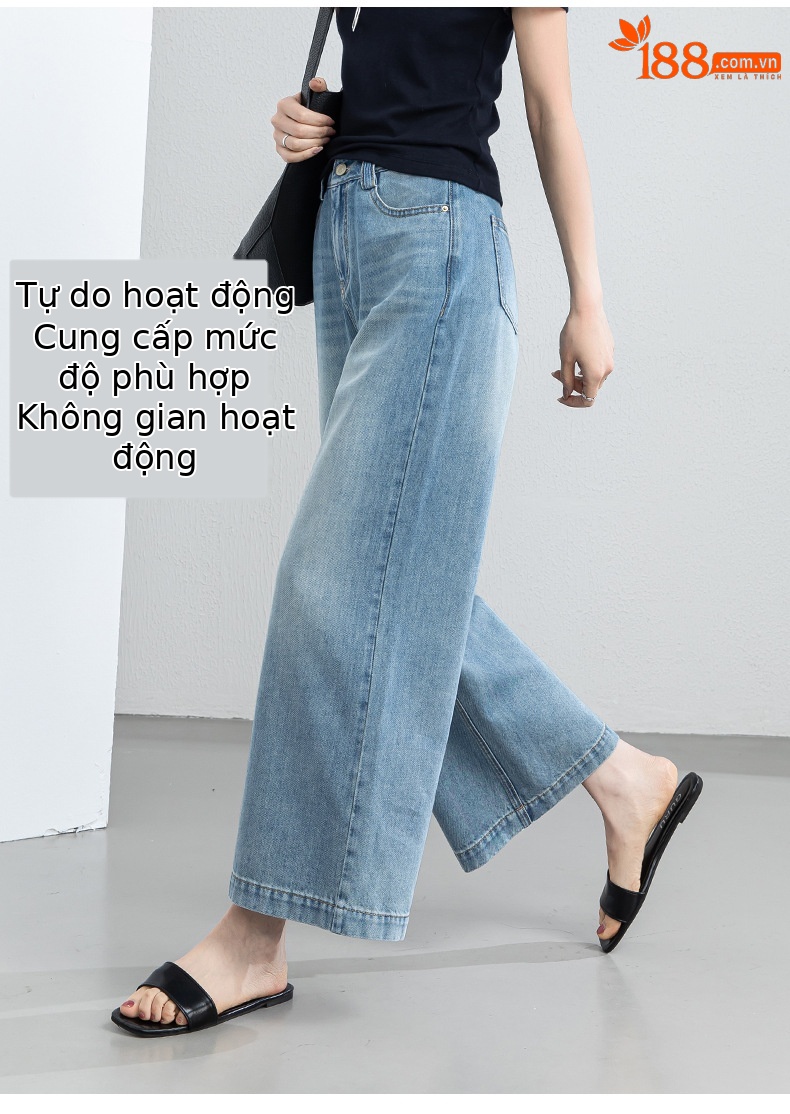 Quần jean nữ ống rộng cạp cao chất liệu tencel mềm mại, dáng suông thoải mái mùa hè — xanh lam chi tiết 10