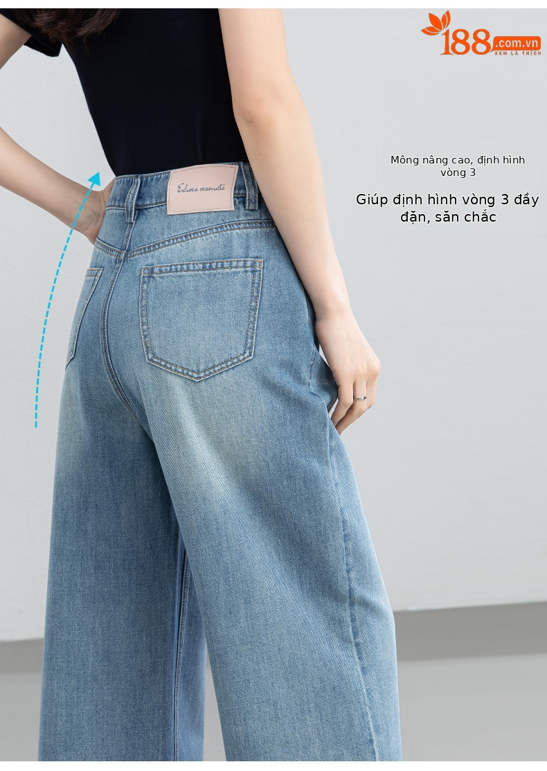 Quần jean nữ ống rộng cạp cao chất liệu tencel mềm mại, dáng suông thoải mái mùa hè — xanh lam chi tiết 12