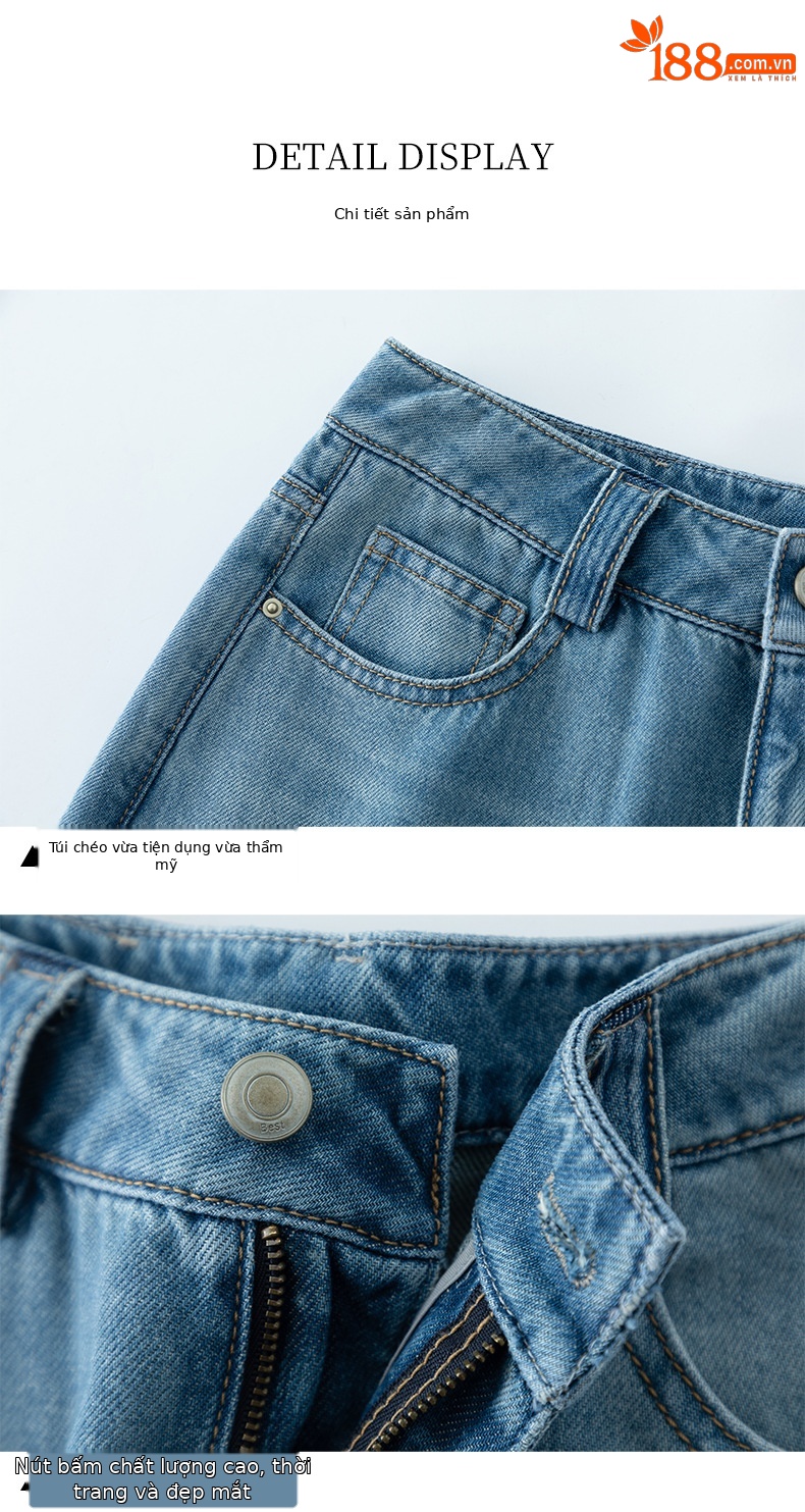 Quần jean nữ ống rộng cạp cao chất liệu tencel mềm mại, dáng suông thoải mái mùa hè — xanh lam chi tiết 13