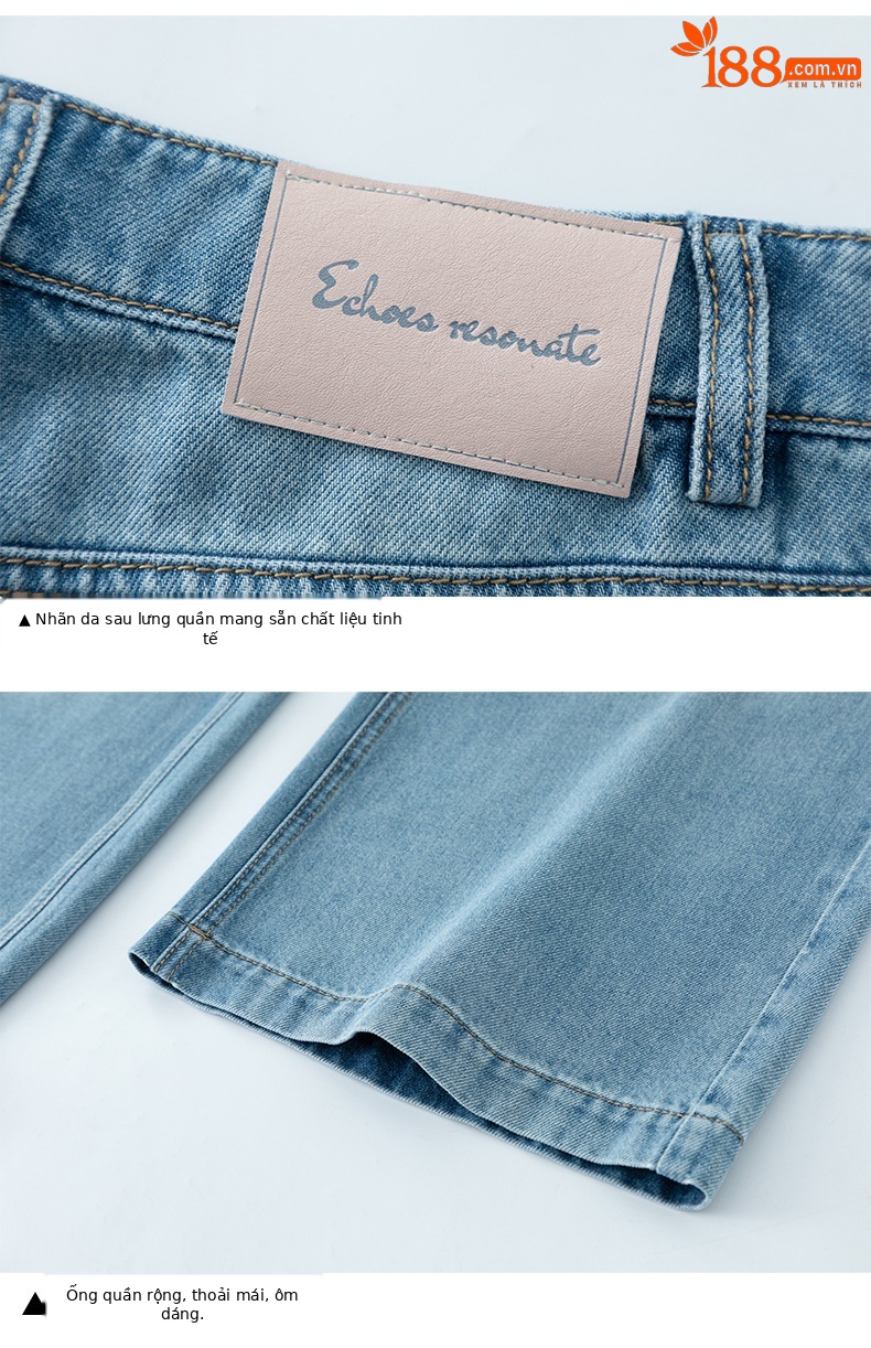 Quần jean nữ ống rộng cạp cao chất liệu tencel mềm mại, dáng suông thoải mái mùa hè — xanh lam chi tiết 15