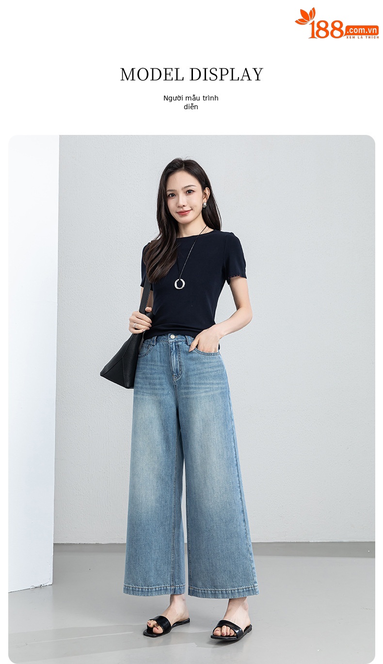 Quần jean nữ ống rộng cạp cao chất liệu tencel mềm mại, dáng suông thoải mái mùa hè — xanh lam chi tiết 17