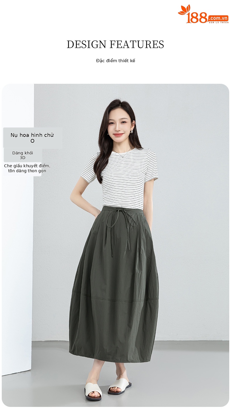 Chân váy xòe hoa đèn lồng cạp cao dài quá gối nữ mùa hè — màu đen chi tiết 7
