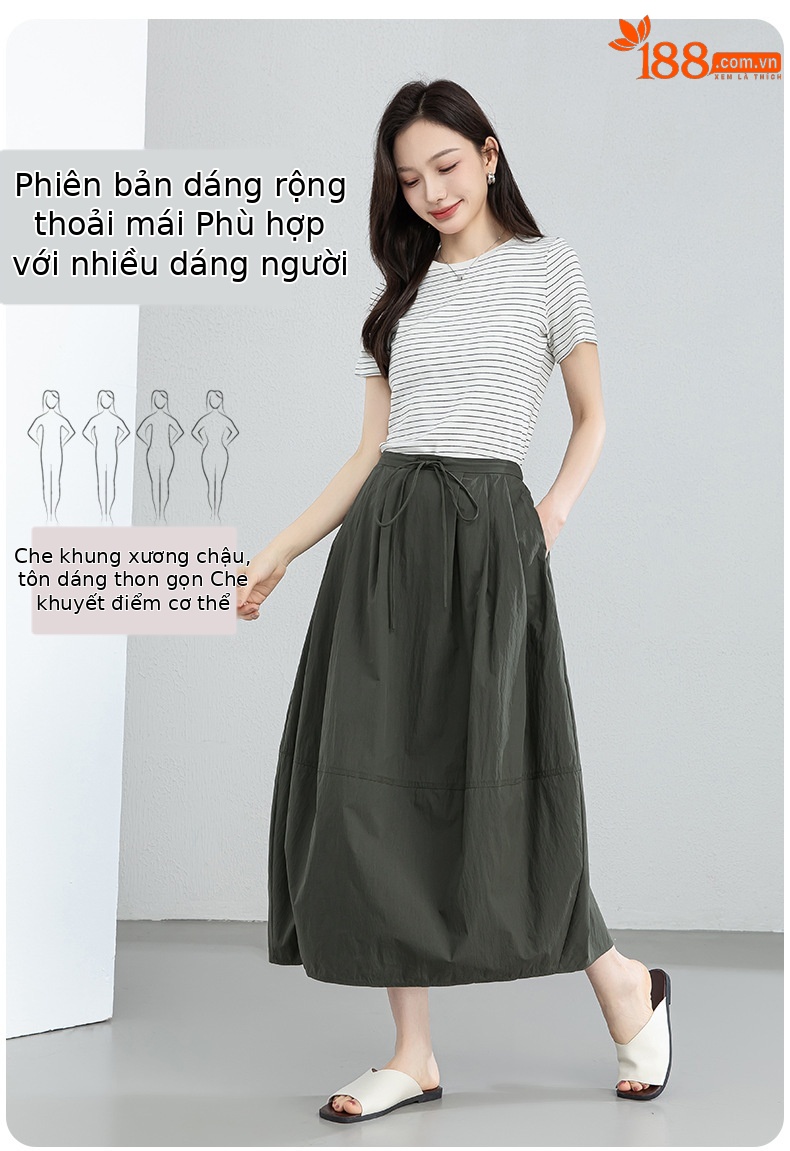 Chân váy xòe hoa đèn lồng cạp cao dài quá gối nữ mùa hè — màu đen chi tiết 12