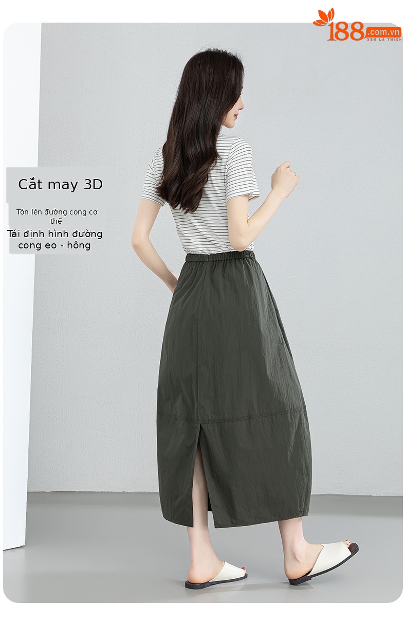 Chân váy xòe hoa đèn lồng cạp cao dài quá gối nữ mùa hè — màu đen chi tiết 13