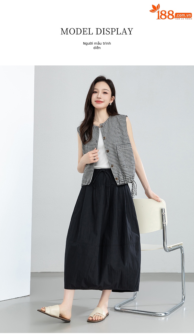 Chân váy xòe hoa đèn lồng cạp cao dài quá gối nữ mùa hè — màu đen chi tiết 17